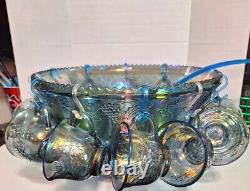 Vintage Blue Carnival Glass Princess Punch Bowl Set Indiana Glass Iridescent