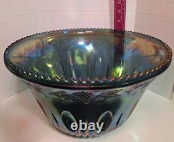 Vintage Blue Carnival Glass Princess Punch Bowl Set Indiana Glass Iridescent