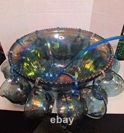 Vintage Blue Carnival Glass Princess Punch Bowl Set Indiana Glass Iridescent