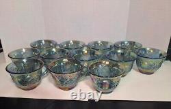 Vintage Blue Carnival Glass Princess Punch Bowl Set Indiana Glass Iridescent