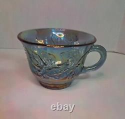 Vintage Blue Carnival Glass Princess Punch Bowl Set Indiana Glass Iridescent