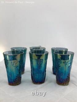 Vintage Blue Carnival Indiana Glass Harvest Grape Iridescent Glassware 10 Piece