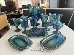 Vintage Blue Carnival Indiana Glass Harvest Grape Iridescent Glassware 14 Piece