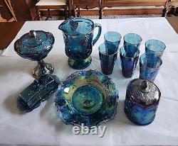 Vintage Blue Carnival Indiana Glass Harvest Grape Iridescent Glassware 14 Piece