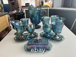 Vintage Blue Carnival Indiana Glass Harvest Grape Iridescent Glassware 14 Piece