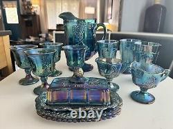 Vintage Blue Carnival Indiana Glass Harvest Grape Iridescent Glassware 14 Piece