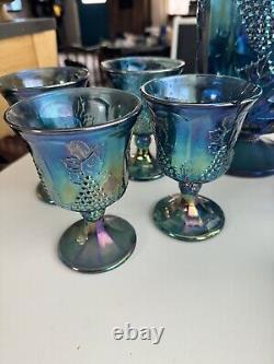 Vintage Blue Carnival Indiana Glass Harvest Grape Iridescent Glassware 14 Piece