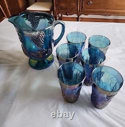 Vintage Blue Carnival Indiana Glass Harvest Grape Iridescent Glassware 14 Piece