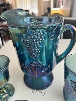 Vintage Blue Carnival Indiana Glass Harvest Grape Iridescent Glassware 14 Piece