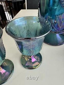 Vintage Blue Carnival Indiana Glass Harvest Grape Iridescent Glassware 14 Piece