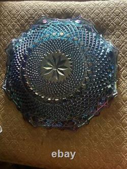 Vintage Blue/Purple Iridescent Carnival Glass 10 Ruffled Starburst/Diamond Bowl