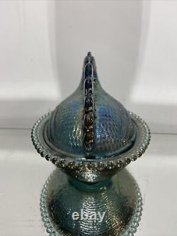 Vintage Carnival Glass Blue Hen On Beaded Edge Nest Iridescent