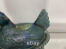 Vintage Carnival Glass Blue Hen On Beaded Edge Nest Iridescent
