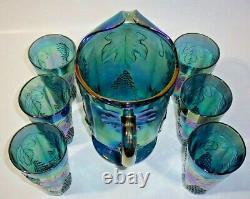 Vintage Carnival Glass Blue Iridescent Harvest Grape Pitcher & 6 Tumblers Set