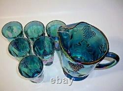 Vintage Carnival Glass Blue Iridescent Harvest Grape Pitcher & 6 Tumblers Set