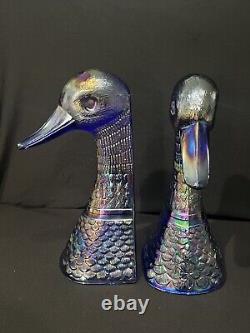 Vintage Carnival Glass Duck Bust Bookends Opalescent/Iridescent Finish RARE