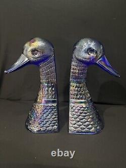 Vintage Carnival Glass Duck Bust Bookends Opalescent/Iridescent Finish RARE