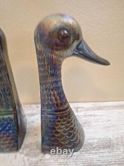 Vintage Carnival Glass Duck Bust Bookends Opalescent/Iridescent Finish RARE