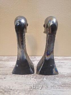 Vintage Carnival Glass Duck Bust Bookends Opalescent/Iridescent Finish RARE