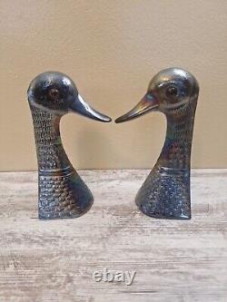 Vintage Carnival Glass Duck Bust Bookends Opalescent/Iridescent Finish RARE