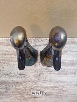 Vintage Carnival Glass Duck Bust Bookends Opalescent/Iridescent Finish RARE