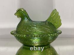Vintage Carnival Glass Green Hen On Beaded Edge Nest Iridescent