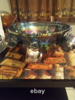 Vintage Carnival Glass Iridescent Blue Punch Bowl Included 12 Cups