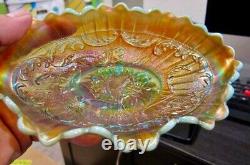 Vintage Carnival Glass Old Northwood Aqua Opal Poppy Pickle Dish Beautiful