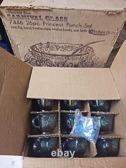 Vintage Carnival Glass Princess Punch Bowl Set Iridescent Blue 26pc open box
