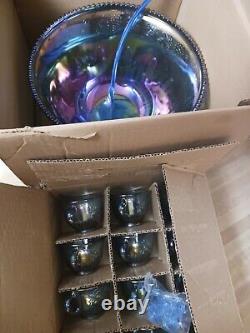 Vintage Carnival Glass Princess Punch Bowl Set Iridescent Blue 26pc open box