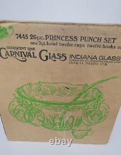 Vintage Carnival Glass Princess Punch Bowl Set Lime 26 Piece Iridescent Sheen