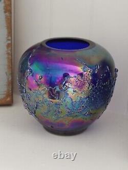 Vintage Carnival Glass Vase Bowl 4 X 4 Colbalt Blue Iridescent