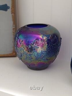 Vintage Carnival Glass Vase Bowl 4 X 4 Colbalt Blue Iridescent