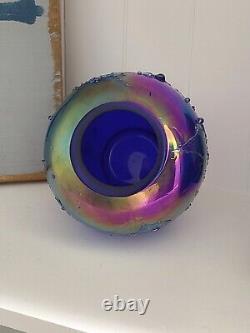 Vintage Carnival Glass Vase Bowl 4 X 4 Colbalt Blue Iridescent