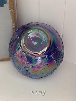 Vintage Carnival Glass Vase Bowl 4 X 4 Colbalt Blue Iridescent