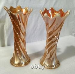 Vintage Carnival Glass Vases 2x Lovely Iridescent Marigold Carnival Vase x2 AF