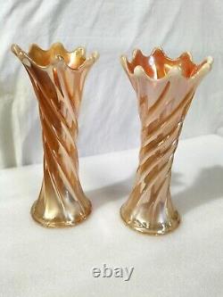 Vintage Carnival Glass Vases 2x Lovely Iridescent Marigold Carnival Vase x2 AF