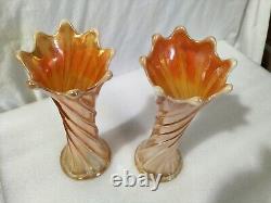 Vintage Carnival Glass Vases 2x Lovely Iridescent Marigold Carnival Vase x2 AF