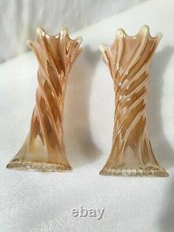 Vintage Carnival Glass Vases 2x Lovely Iridescent Marigold Carnival Vase x2 AF