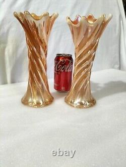 Vintage Carnival Glass Vases 2x Lovely Iridescent Marigold Carnival Vase x2 AF