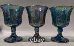 Vintage Carnival Glass iridescent Blue Indiana MCM Harvest Pitcher and 9 Goblets