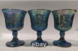 Vintage Carnival Glass iridescent Blue Indiana MCM Harvest Pitcher and 9 Goblets