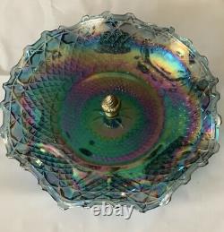 Vintage Carnival Iridescent Electric Glass Bowl Brass Acorn Center 10