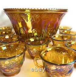 Vintage Carnival Iridescent Glass Marigold Gold Harvest Princess Punch Bowl Cups