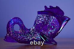 Vintage Cobalt Blue Iridescent Carnival Glass Dolphin Candy Dish