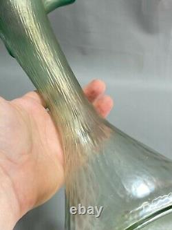 Vintage Czech Lustre Green Tall Iridescent Art Nouveau Glass Vase Kralik Loetz