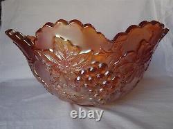 Vintage Dugan Marigold Iridescent Carnival Glass Punch Bowl, Many Fruits Pattern