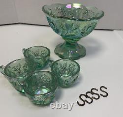 Vintage FENTON Glass Mini Punch Bowl Iridescent Green Carnival 4 Cups Compote