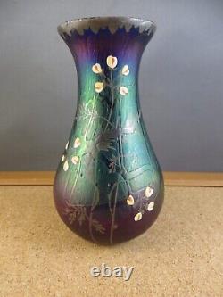 Vintage Favrile Rainbow Metallic Iridescent Carnival Enamel Flower Glass Vase 6