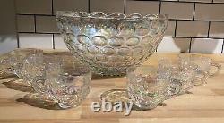 Vintage Federal Glass Iridescent Thumbprint Punch Bowl with 6 cups